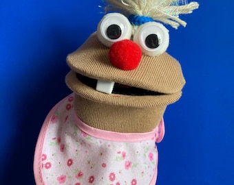 Handmade Baby Sock Puppet with Bib, Yarn Hair & Pompom Nose