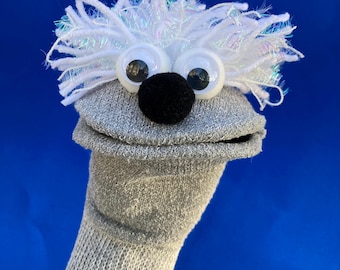Handmade Grey Sock Puppet with White Hair