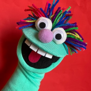 May include: A whimsical sock puppet with a turquoise body and a wide, toothy grin. It features large googly eyes, a purple nose, and colorful yarn hair in shades of red, blue, green, and yellow. The puppet is set against a vibrant red background.