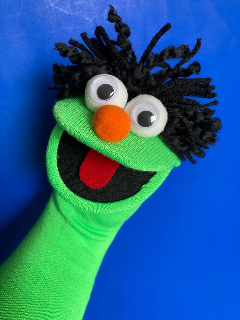 Handmade Green Sock Puppet With Black Yarn Hair & Orange Nose - Etsy