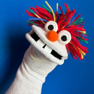 May include: A white sock puppet featuring a mop of multi-colored yarn hair in red, yellow, blue, and green. The puppet has two large googly eyes, a round orange pom-pom nose, and two white rectangular teeth visible inside its open mouth.