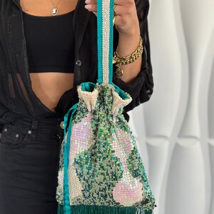 Elegant Green & Beige Evening Clutch, Tassel Bag, Pouch Bag, Special Gift for Her, Handmade Cocktail Purse, Wedding Purse for Girls