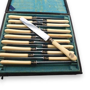 Könnte beinhalten: Ein Satz antiker Messer in einer schwarzen Box mit türkisfarbenem Innenraum. Die Messer haben elfenbeinfarbene Griffe und silberne Klingen. Ein Messer liegt oben auf den anderen. Die Griffe haben ein dekoratives Design. Die Box ist geöffnet und zeigt die Messer.