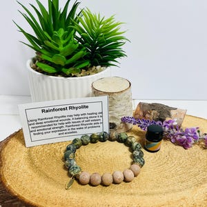 Pulsera difusora de aceites esenciales de riolita y palo de rosa de la selva tropical, difusor pasivo, joyería de aromaterapia, joyería con un propósito y significado