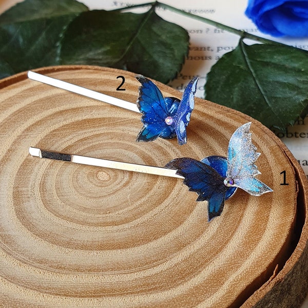 Barrette aile de fée papillon résine bleu pailletée transparent cristaux
