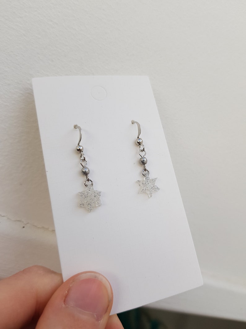 Snowflake dangle earrings black white resin silver glitter Earrings pendant snowflake black resin black white silver sequins