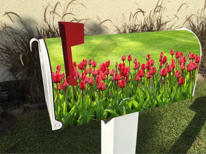 FREE Shipping! Personalization Available Adaptable for Plastic Mailboxes Bright Red Spring Tulips Magnetic Mailbox Cover