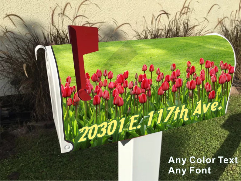 FREE Shipping! Personalization Available Adaptable for Plastic Mailboxes Bright Red Spring Tulips Magnetic Mailbox Cover