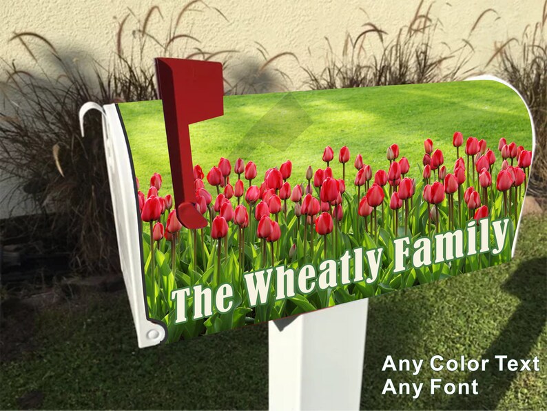 FREE Shipping! Personalization Available Adaptable for Plastic Mailboxes Bright Red Spring Tulips Magnetic Mailbox Cover