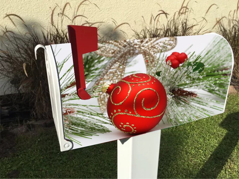 Christmas Holiday Mailbox Cover, Ornaments, Pines & Bows FREE Shipping Optional