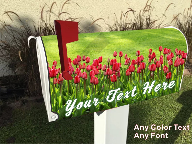 FREE Shipping! Personalization Available Adaptable for Plastic Mailboxes Bright Red Spring Tulips Magnetic Mailbox Cover