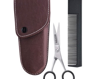 Beard & Mustache Scissors – Sharp and Precise Beard Scissors - Mini Comb and Leather Case - Trimming Grooming Cutting Mustache Hair