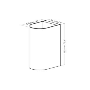 May include: Line drawing of a white bathroom sink with measurements in millimeters and inches. The sink is 100 mm/4 inches wide, 75 mm/3 inches deep, and 150 mm/5.9 inches tall.