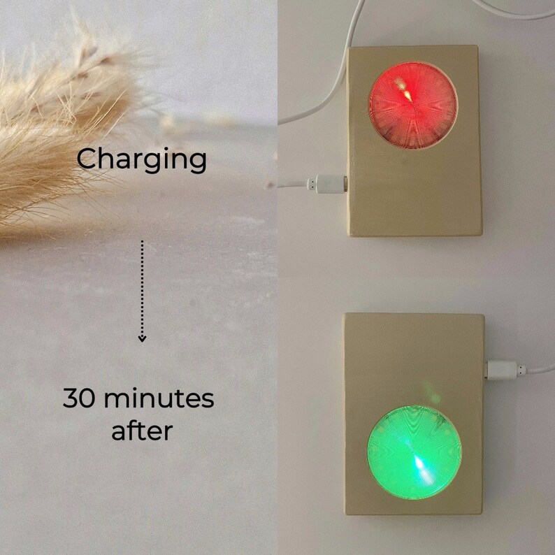 Puede incluir: Dos dispositivos cuadrados con una ventana redonda e iluminada en el centro. El dispositivo superior tiene una luz roja, y el dispositivo inferior tiene una luz verde. El texto "Charging" est&aacute; escrito encima del dispositivo superior, y "30 minutes after" est&aacute; escrito debajo del dispositivo inferior.