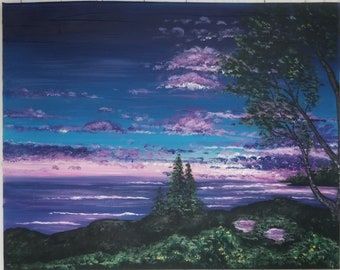 Ocean Sunset Painting, Landscape Art on Canvas
