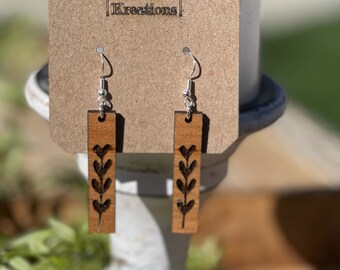 Bar Earrings, Drop Earrings, Wooden Earrings, Laser Engraved Earrings, Lightweight Earrings, Boho earrings