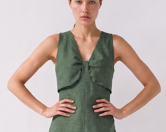 Vestido de lino verde, vestido de lino puro para mujer, vestido de verano sin mangas, minivestido con escote en V, ropa minimalista MERCES