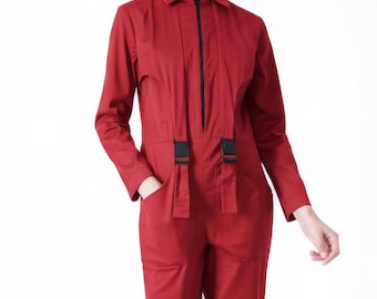 Red Cotton Utility Jumpsuit, Cyberpunk Rave Boiler Suit