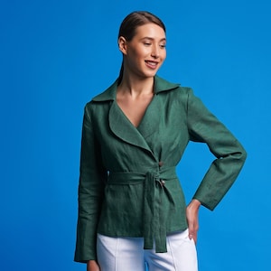 Green Linen jacket women, Casual linen blazer belted, Flax Long sleeve shirt women, Sustainable summer linen clothes, Women clothing MERCES