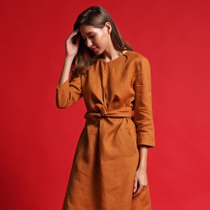 Yellow linen dress fall, Burnt Orange avant garde dress sleeves, Mustard flax dresses for women, Modern linen dress, Women clothing MERCES