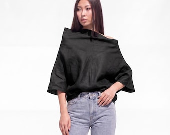 Túnica feminina preta de linho, blusa oversized de linho puro, blusa minimalista com gola alta, camisa com mangas quimono.