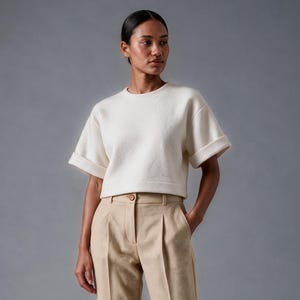 Off White Structured Fall Top, Boxy Short Sleeve Blouse with Cuffed Sleeves & Keyhole Back, Warm Winter Layering Pullover MERCES