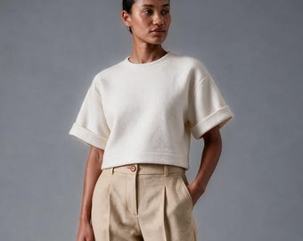 Off White Structured Fall Top, Boxy Short Sleeve Blouse with Cuffed Sleeves & Keyhole Back, Warm Winter Layering Pullover MERCES
