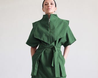 Avant Garde Green Maxi Dress, High Neck Kimono Cotton Denim Gown with Pockets, Modern Belted Zip Front Casual Outfit MERCES