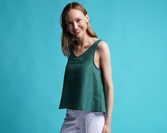 Linen tank top women, Sleeveless Linen Top, Linen V neck tops for women, Green linen tunics for women, Linen top, Loose Linen Shirt  MERCES