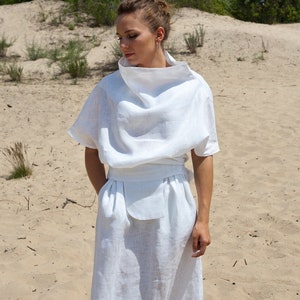 White linen dress, Loose linen Blouson kimono dress, Avant garde dress Cowl funnel neck dress Summer linen clothing Dresses for women