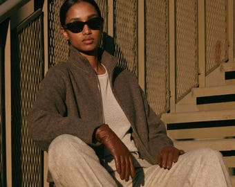 Womens Wool Blend Zip Cardigan, High Collar Double Zipper Boxy Jacket, Minimalist Melange Brown Crop Coat MERCES