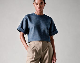 Blue Jacquard Top Women, Short Sleeve Cuffed Boxy Blouse with Keyhole Back, Minimalist Blue Shirt MERCES