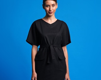 Black linen dress, Kimono kaftan dresses for women, Midi Dress women, Blouson dress with pockets, V neck casual dress women MERCES