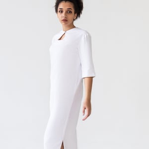 White linen dress, Maxi Linen Dresses for women, Summer Shift natural flax lds temple dress, Modest maxi keyhole neck dress pockets MERCES