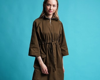 High neck zip dress women, Midi front zipper cotton dress women, Khaki kimono belted raglan sleeve flap pocket dresses for women MERCES