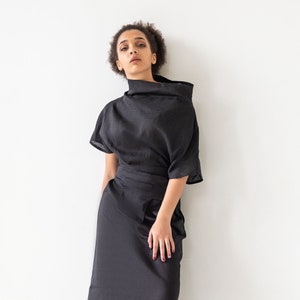 Black Asymmetrical Linen Dress, Avant garde dress, Pure linen dress, Designer linen dresses, Modern kimono dress,  Blouson cowl dress MERCES