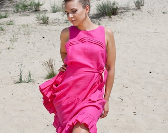 Hot pink linen dress, Linen dresses for women, Fuchsia Ruffled summer clothing, Belted sleeveless casual designer linen clothing MERCES