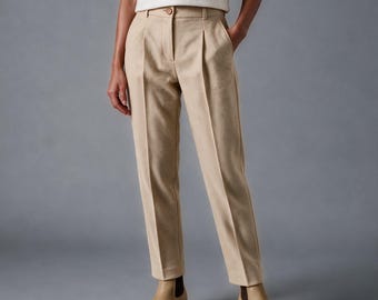Beige Pleated Chino Pants, High Waist Tapered Winter Trousers with Elastic Back & Pockets, Warm Fall Casual Slacks MERCES