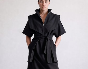 Black Maxi Cotton Dress with High Neck & Pockets, Avant Garde Kimono Denim Gown, Modern Belted Zip Dress MERCES