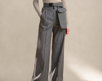 Grey Wide Leg Palazzo Pants Women, High Waist Brushed Cotton Trousers with Waist Bag, Fall Winter Outfit MERCES