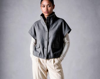 Grey Wool Short Sleeve Cardigan, High Neck Snap Front Bomber Vest with Pockets, Warm Fall Winter Layering Jacket MERCES