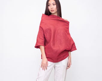 Red Linen Avant Garde Top, Architectural Funnel Neck Tunic, Geometric Minimalist Shirt, Modern Oversized Linen Blouse, Japanese Style Top