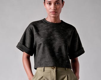 Black Textured Jacquard Blouse Women, Minimalist Boxy Cuffed Sleeve Top, Fall Winter Clothing MERCES