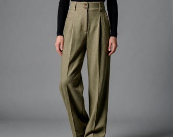 Sage Green Wool Blend Wide Leg Pants Women, High Rise Pleated Trousers with Elastic Back, Fall Winter Slacks MERCES