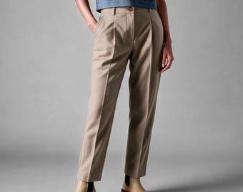 Mocha Cotton Blend Tapered Trousers Women, High Waist Pleated Ankle Pants, Warm Fall Winter Slacks MERCES
