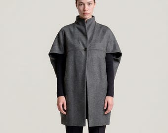 Womens Grey Wool Poncho, Minimalist High Collar Capelet Coat with Pockets, Unlined Fall Winter Outerwear MERCES