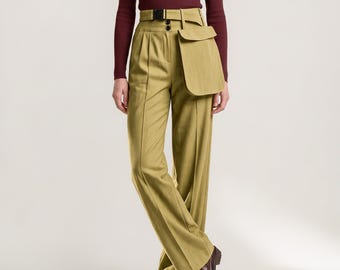 Mustard Wide Leg Palazzo Pants Women, High Waist Brushed Cotton Trousers with Waist Bag, Fall Winter Outfit MERCES