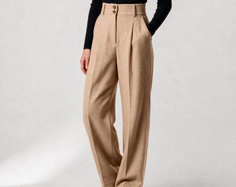 Camel Wool Blend Wide Leg Trousers Women, High Waist Pleated Palazzo Pants, Warm Fall Winter Casual Slacks MERCES