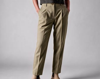 Warm Olive Tapered Ankle Trousers Women, High Waisted Pleated Chino Pants, Fall Winter Slacks MERCES