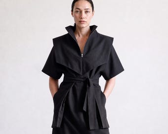 Black Maxi Cotton Dress with High Neck & Pockets, Avant Garde Kimono Denim Gown, Modern Belted Zip Dress MERCES